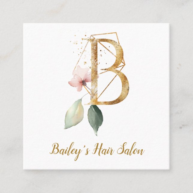 Letter B with Gold Geometric Design and Flowers Square Business Card (Front)