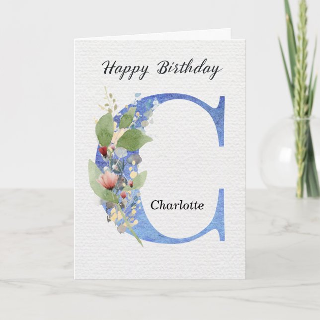 Letter C Birthday Custom Name Her Blue Monogram Card (Front)