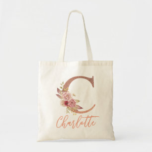 Letter C Blush pink Glitter Floral Monogram  Tote Bag