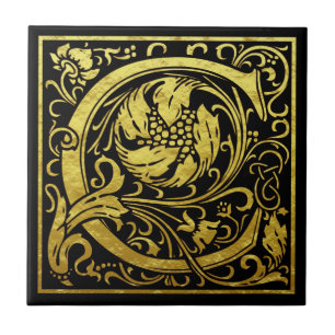 Letter C First Letter Faux Gold Black Tile