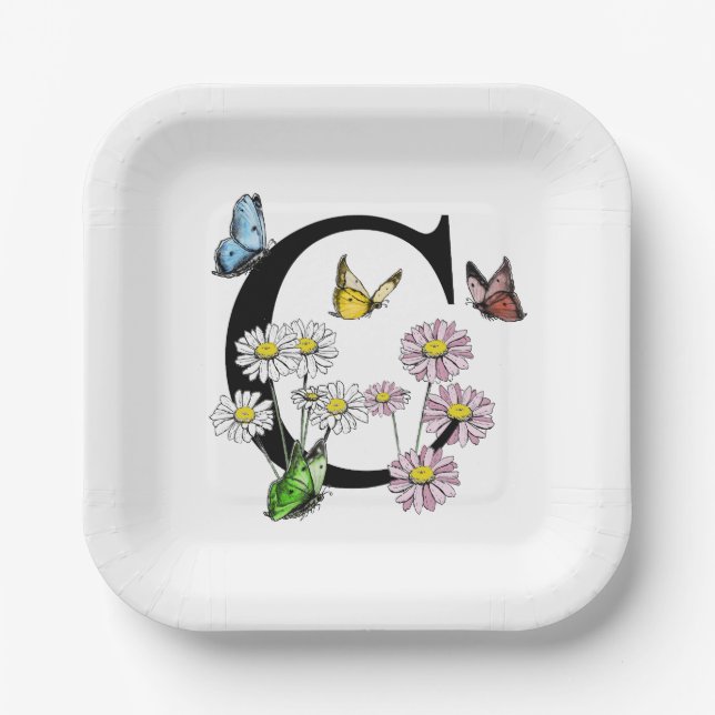 Letter C Floral Butterfly Monogram Initial      Paper Plate (Front)