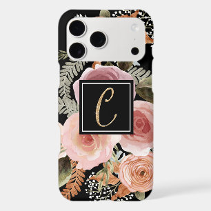 Letter C Gold Black Watercolor Floral Monogram