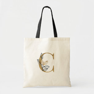 *~* Letter C Gold Monogram Initial Black Leaves Tote Bag