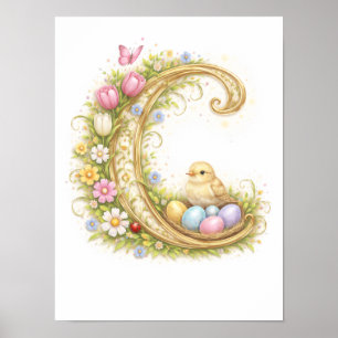 Letter C Gold Spring Baby Chick Monogram Poster