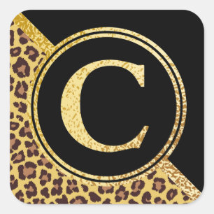 Letter C Monogram Leopard Print Gold and Black Square Sticker