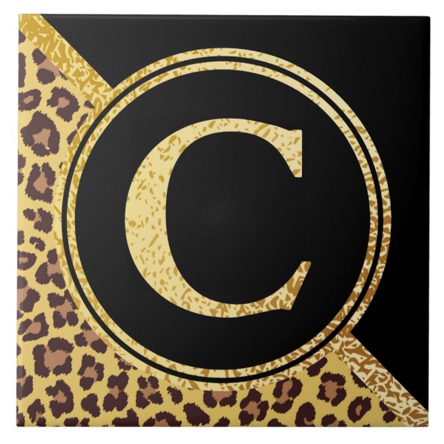 Letter C Monogram Leopard Print Gold and Black Tile (Front)