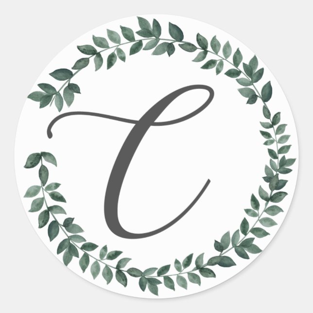 Letter C Monogram Minimalist Botanical Leaf Wreath Classic Round Sticker (Front)