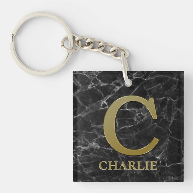 Letter C monogram on black marble Keychain (Front)