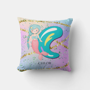 Letter C Monogram Watercolor Cute Mermaid Nursery Throw Pillow