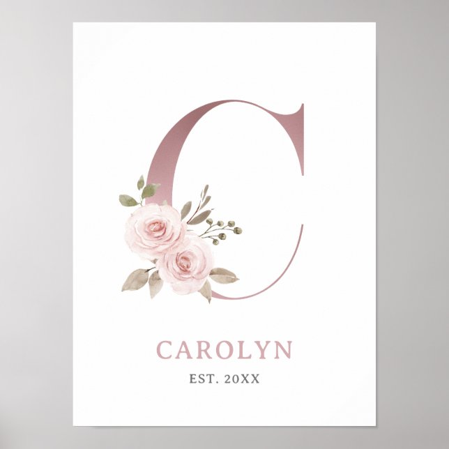 Letter C Monogram Watercolor Rose Florals Nursery  Poster (Front)