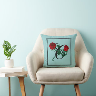 Letter C Script Monogram with Red Roses Turquoise Throw Pillow