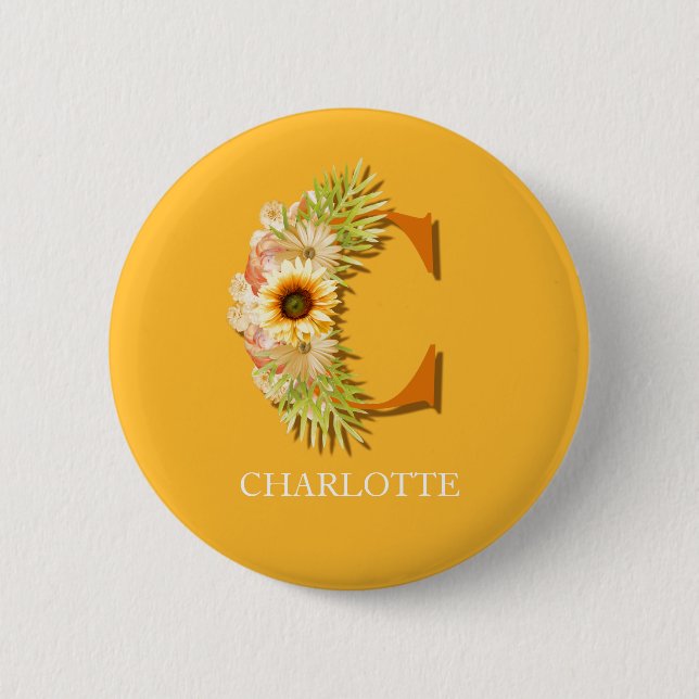 Letter C Sunflower Floral with Name 2 Inch Round Button (Front)