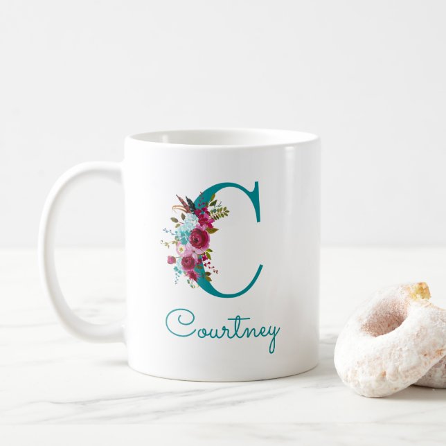 Letter C Teal Pink Floral Coffee Mug (With Donut)