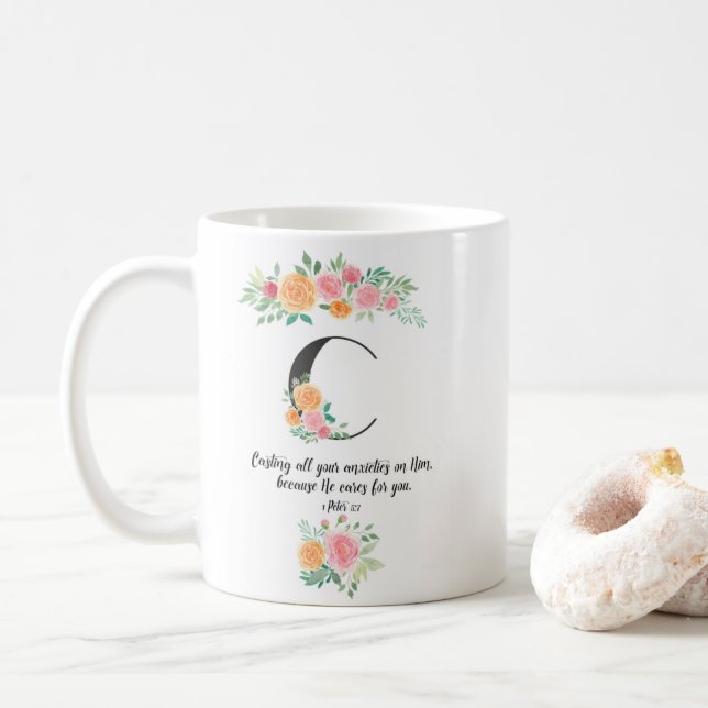 Letter C, watercolor bible quote mug (With Donut)