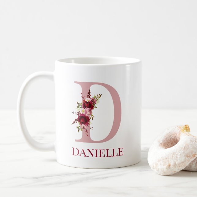 Letter D Burgundy Blush Floral Coffee Mug (With Donut)