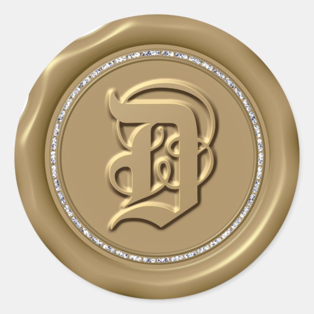 *~* Letter D Diamond Circle GOLD Wax Seal Stickers (Front)