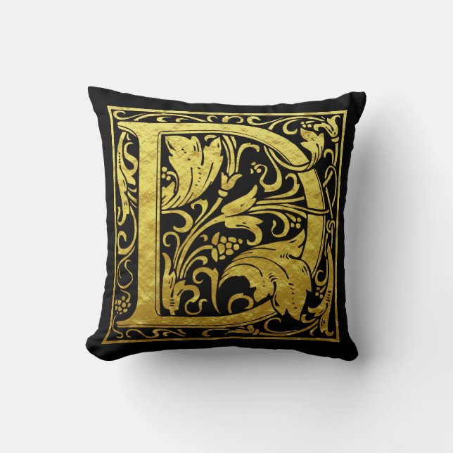 Letter D First Letter Faux Gold and Black Throw Pillow (Front)