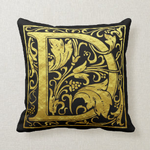 Letter D First Letter Faux Gold and Black Throw Pillow