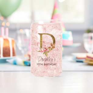 Letter D Gold Monogram Blush Pink Roses Can Glass