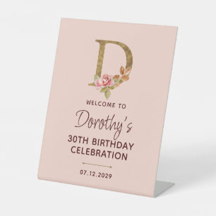 Letter D Gold Monogram Blush Pink Roses Sign