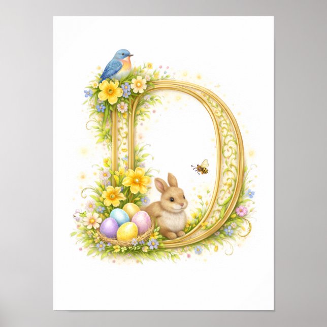 Letter D Gold Spring Nature Monogram Blue Bird Poster (Front)