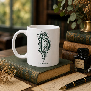 Letter D Linocut Botanical Personalized Mug