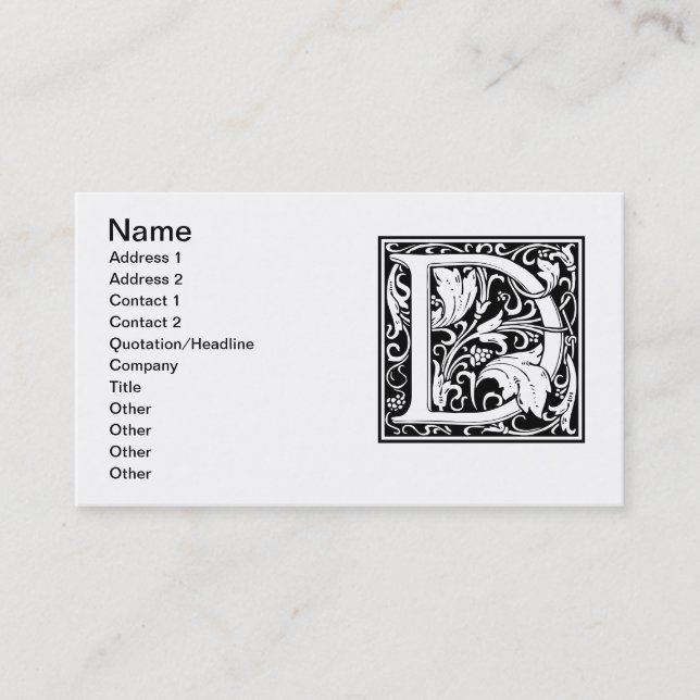 Letter D Medieval Monogram Art Nouveau Business Card (Front)