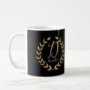 Letter D Monogram Black n Gold Script Name Coffee Mug