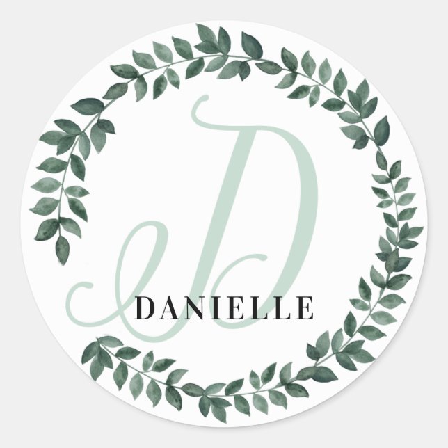 Letter D Monogram Custom Name Minimalist Botanical Classic Round Sticker (Front)