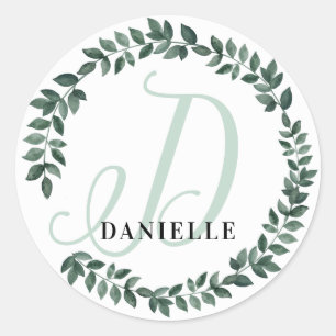 Letter D Monogram Custom Name Minimalist Botanical Classic Round Sticker