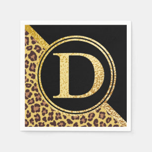 Letter D Monogram Leopard Print Gold and Black Napkin