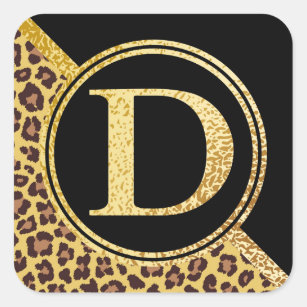 Letter D Monogram Leopard Print Gold and Black Square Sticker