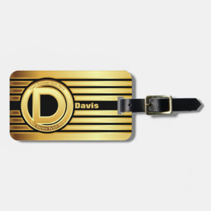 Letter D monogram luggage tag Gold stripe Black