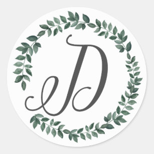 Letter D Monogram Minimalist Botanical Leaf Wreath Classic Round Sticker