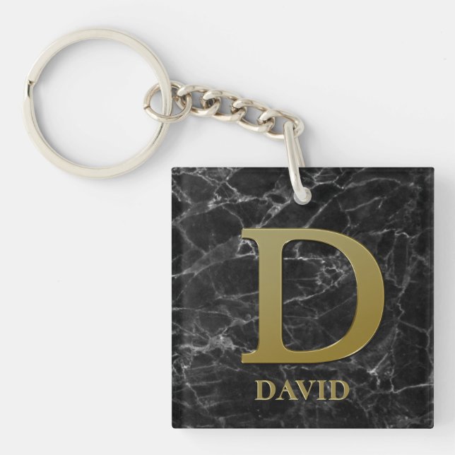 Letter D monogram on black marble Keychain (Front)