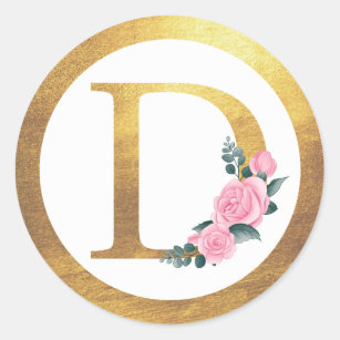 Letter D Monogram Pink Roses Floral & Elegant Gold Classic Round Sticker