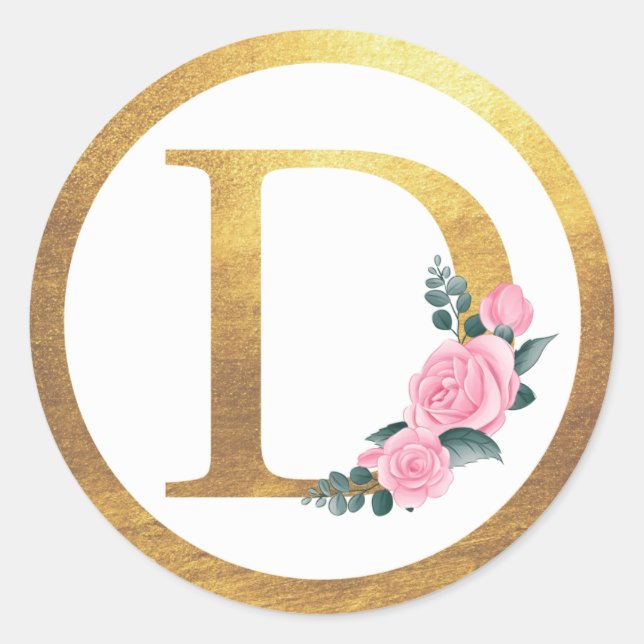 Letter D Monogram Pink Roses Floral & Elegant Gold Classic Round Sticker (Front)