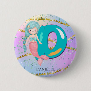 Letter D Monogram Watercolor Cute Mermaid Nursery 2 Inch Round Button