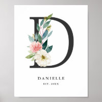 Letter D Monogram Watercolor Peach Florals Nursery