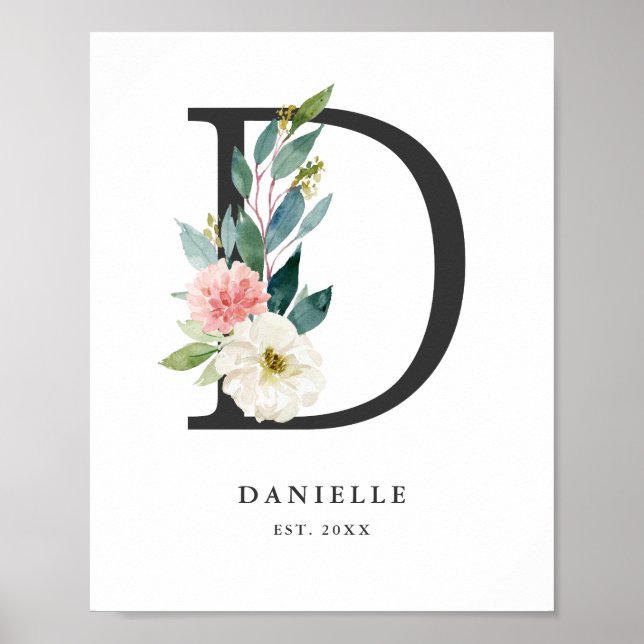 Letter D Monogram Watercolor Peach Florals Nursery Poster (Front)