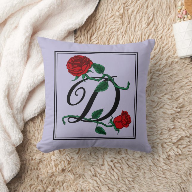 Letter D Monogram with Red Roses Purple Throw Pillow (Blanket)