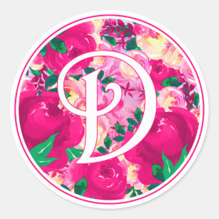 Letter D Pink Watercolor Floral Circle Monogram Classic Round Sticker