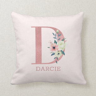 Letter D Pink Watercolor Floral Monogram Nursery Throw Pillow