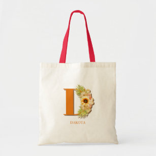 Letter D Sunflower Floral Monogram with Name Tote Bag
