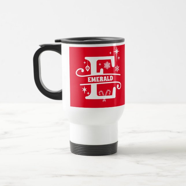 Letter E Christmas Monogram Initial Name Red  Travel Mug (Left)