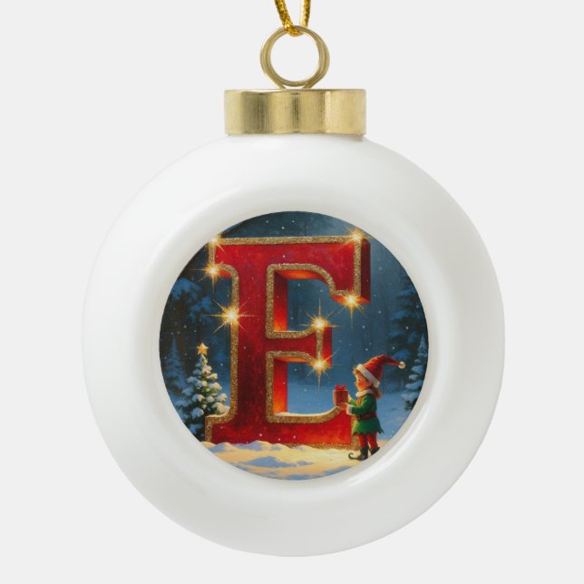 Letter E Elf Personalized Monogram Holiday Gift Ceramic Ball Christmas Ornament (Front)