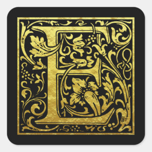 Letter E First Letter Faux Gold Black Square Sticker