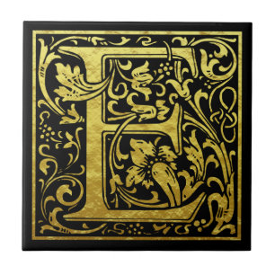 Letter E First Letter Faux Gold Black Tile