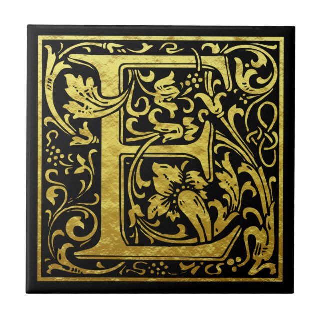 Letter E First Letter Faux Gold Black Tile (Front)