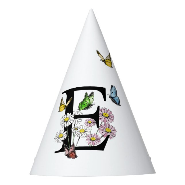 Letter E Floral Butterfly Monogram Initial Party Hat (Front)